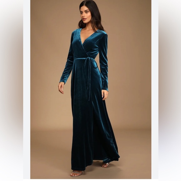 Jacinda Teal Blue Velvet Wrap Maxi Dress Size Small  ( I - 25 ) - Picture 1 of 7